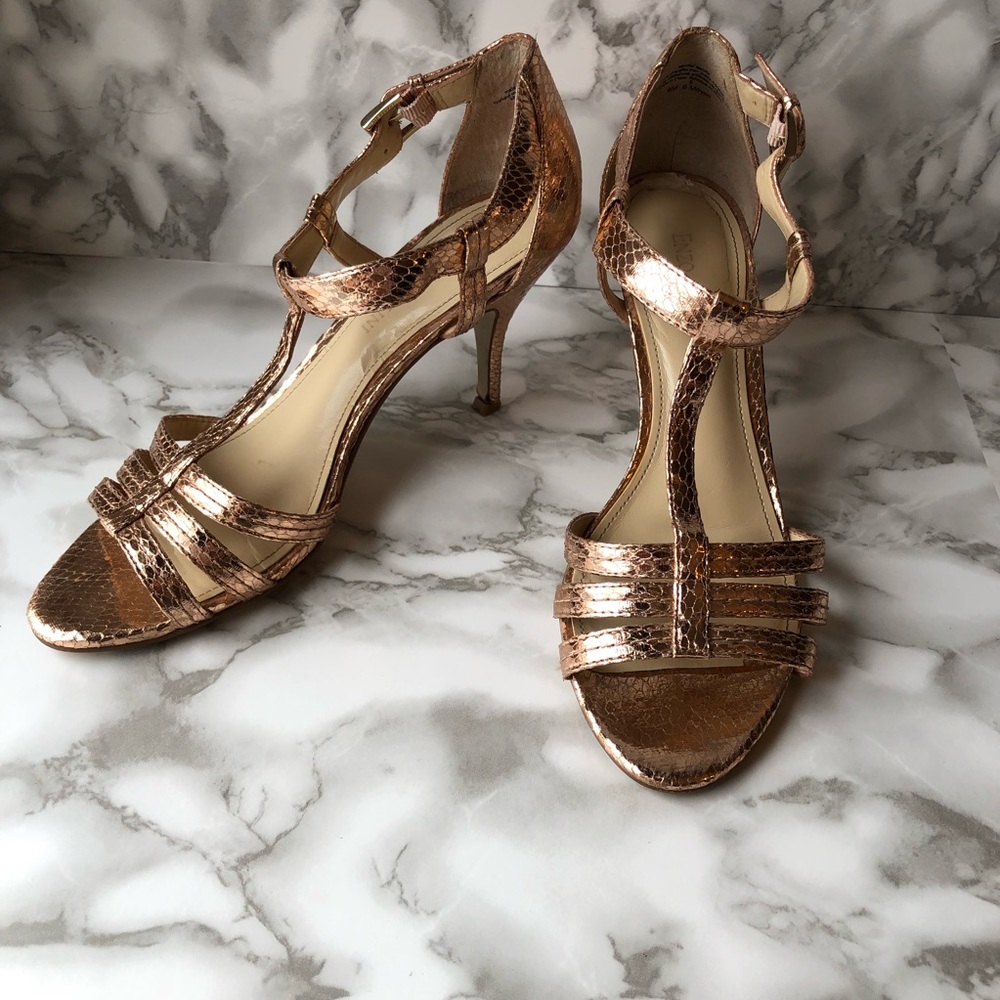 Enzo Angiolini Rose Gold Faux Snake Skin Strappy High Heels